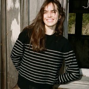 NWT Realisation Par Ani Cashmere Wool Stripe Crewneck Sweater Pepe Black White